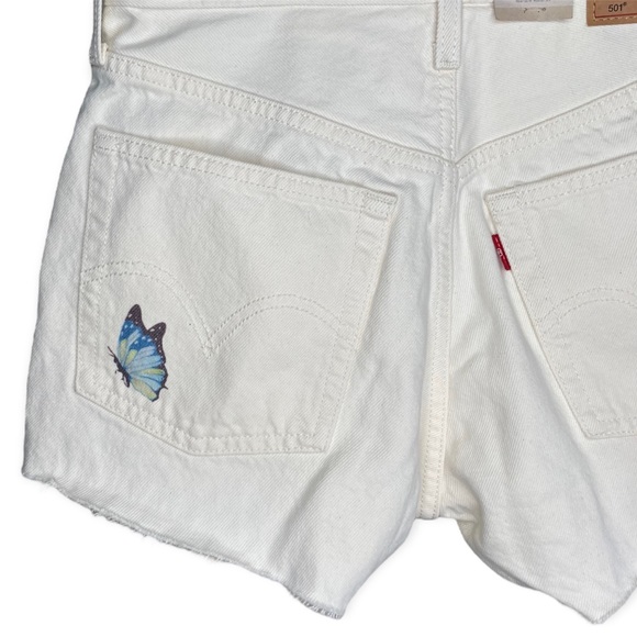 Levi 501 Denim Shorts 24” Cream Butterfly 🦋 Print High Rise Button Raw Edge - Picture 8 of 13